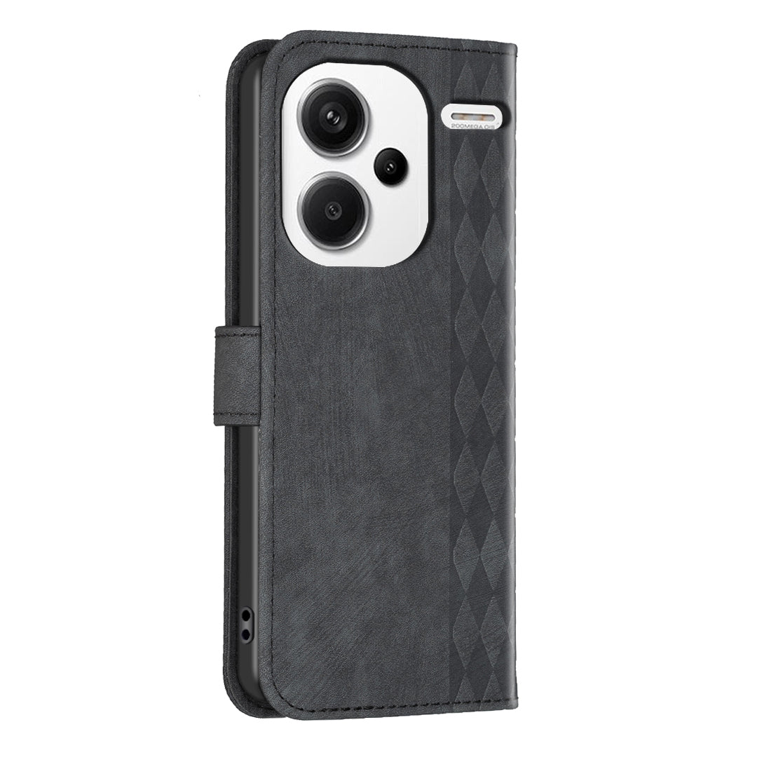For Xiaomi Redmi Note 13 Pro+ 5G Leather Wallet Case Grid Pattern Shockproof Flip Cover - Black