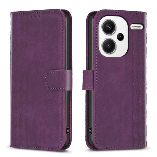 For Xiaomi Redmi Note 13 Pro+ 5G Leather Wallet Case Grid Pattern Shockproof Flip Cover - Purple