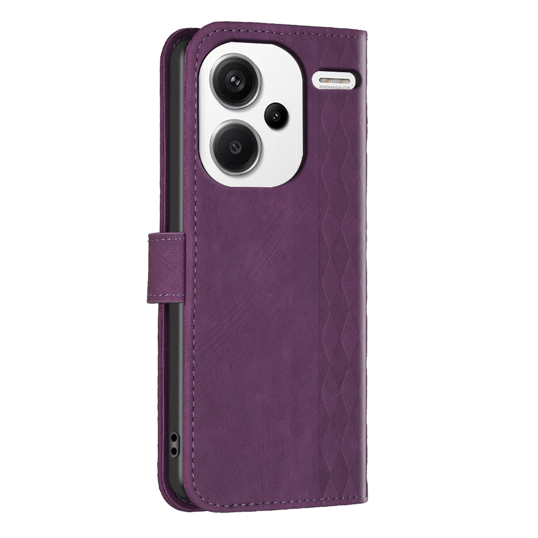 For Xiaomi Redmi Note 13 Pro+ 5G Leather Wallet Case Grid Pattern Shockproof Flip Cover - Purple