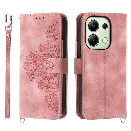 For Xiaomi Redmi Note 13 4G Leather Case Flower Pattern Cover Multiple Card Slots - Pink
