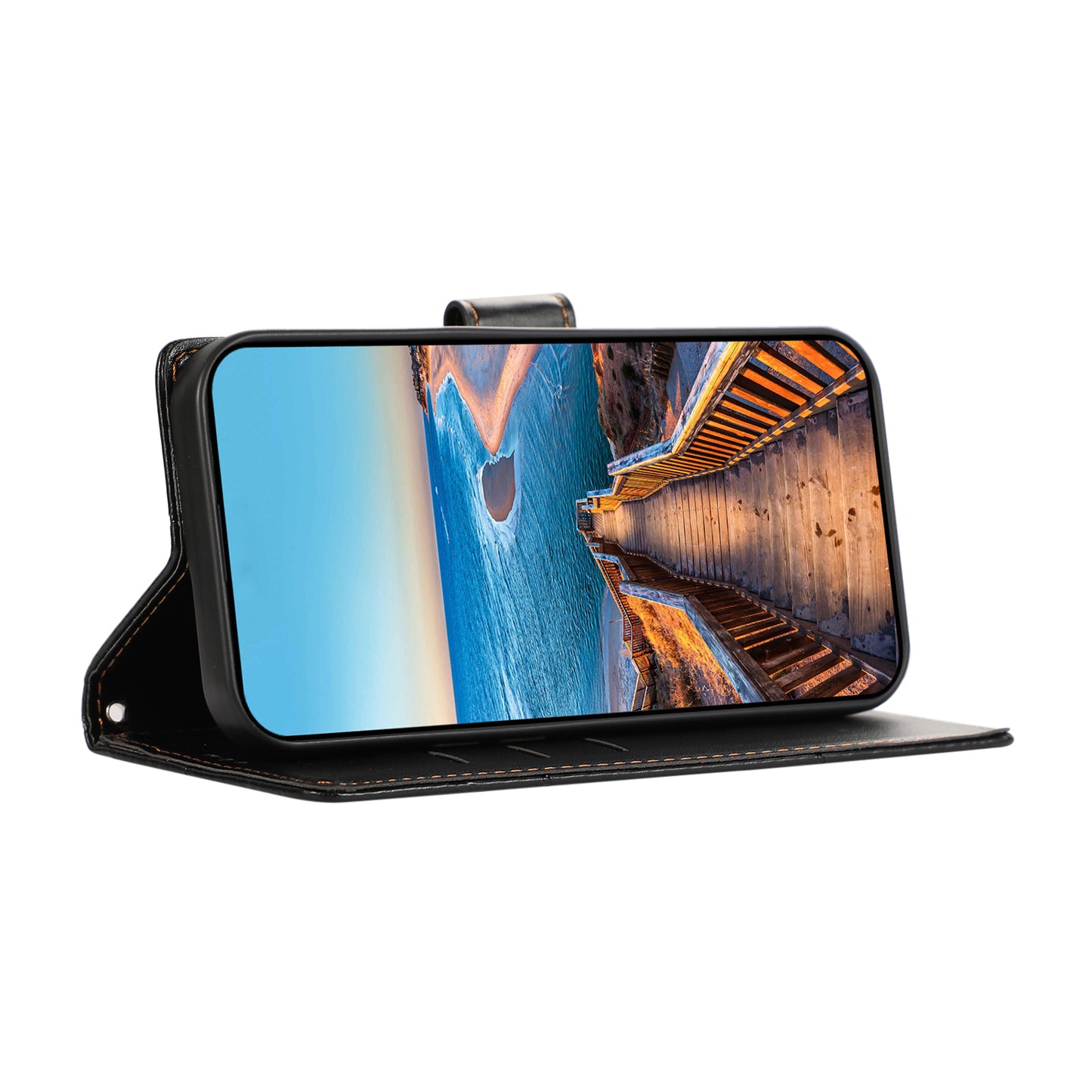 DF-06 For Xiaomi Redmi Note 13 4G Leather Case Line Imprinted Folio Cover - Black