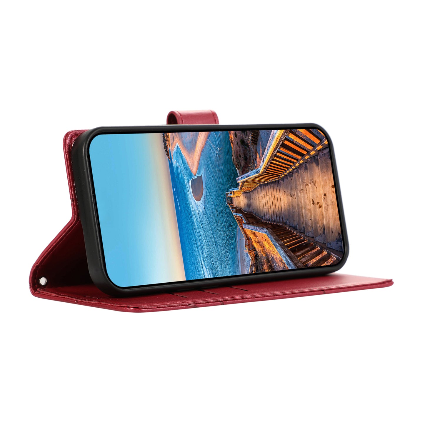 DF-06 For Xiaomi Redmi Note 13 4G Leather Case Line Imprinted Folio Cover - Red