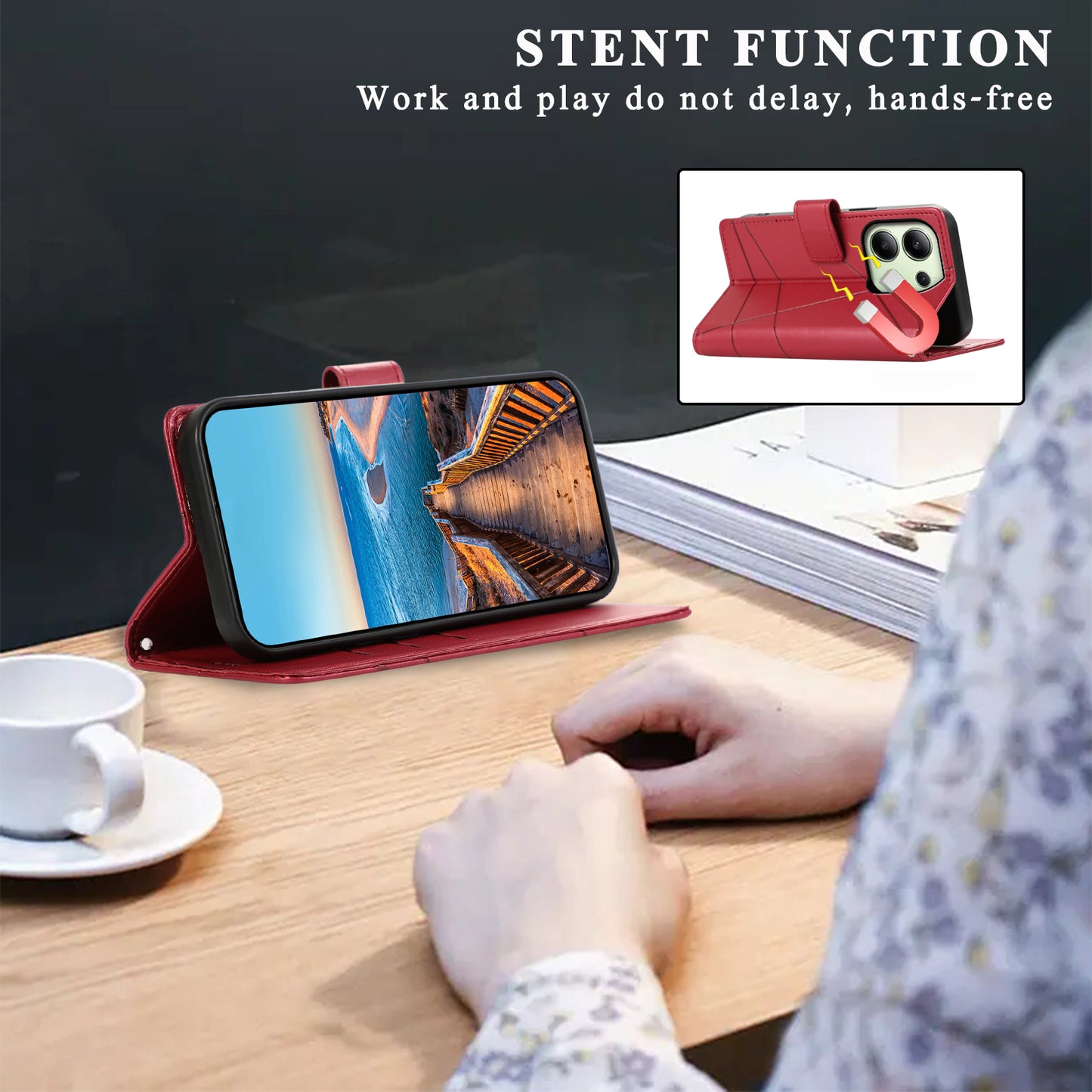 DF-06 For Xiaomi Redmi Note 13 4G Leather Case Line Imprinted Folio Cover - Red