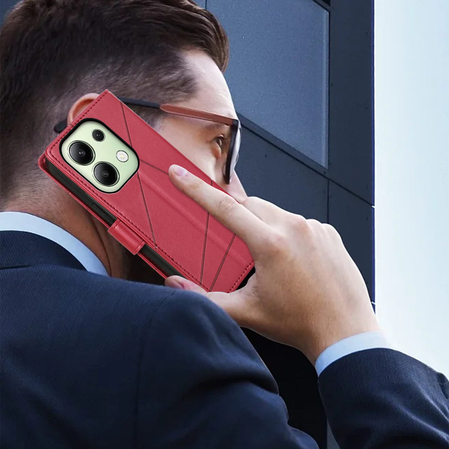 DF-06 For Xiaomi Redmi Note 13 4G Leather Case Line Imprinted Folio Cover - Red