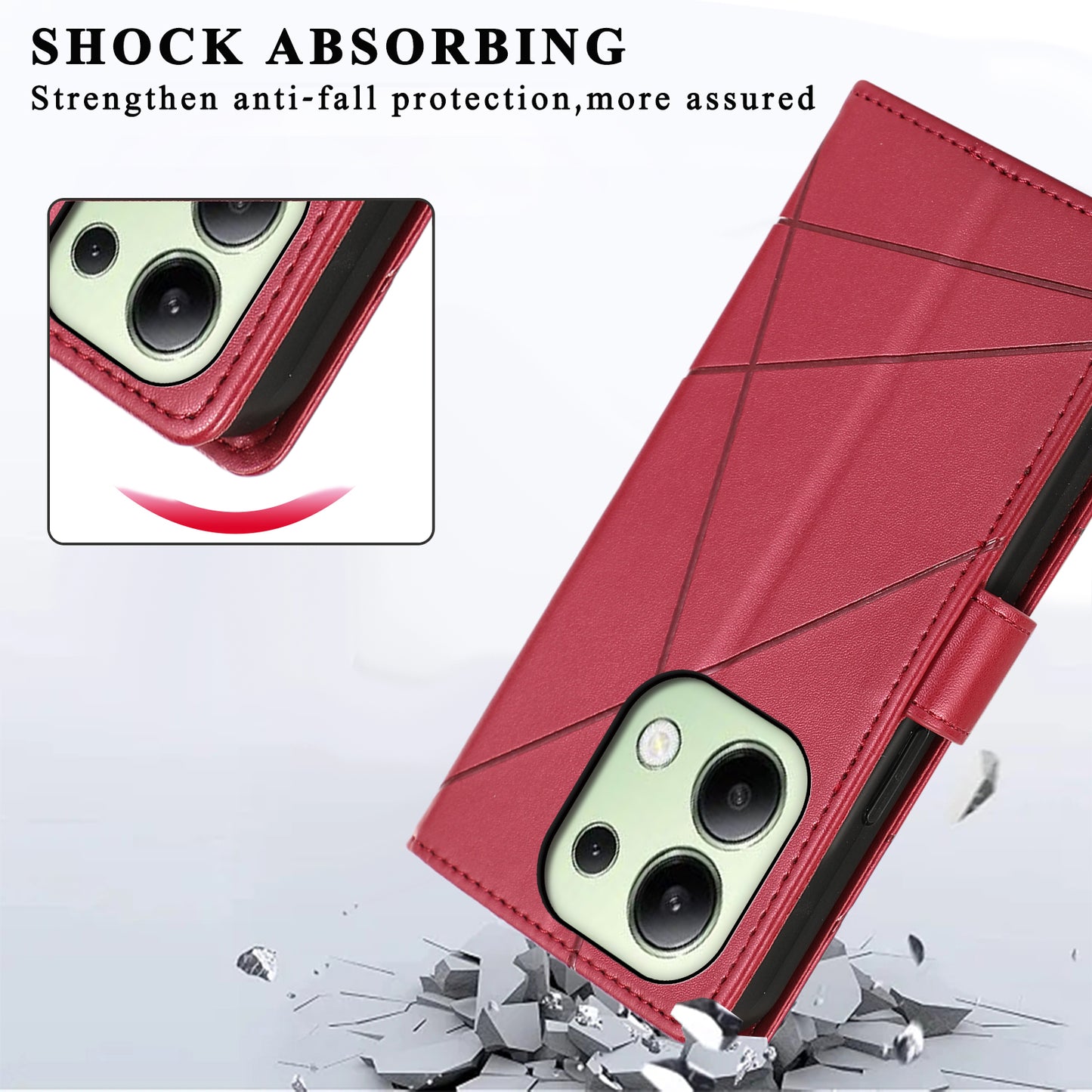 DF-06 For Xiaomi Redmi Note 13 4G Leather Case Line Imprinted Folio Cover - Red
