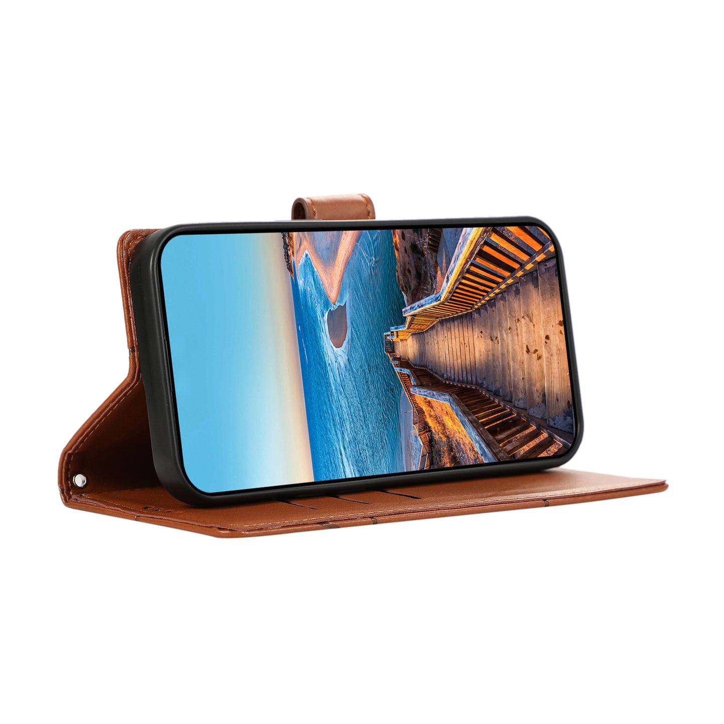 DF-06 For Xiaomi Redmi Note 13 4G Leather Case Line Imprinted Folio Cover - Brown