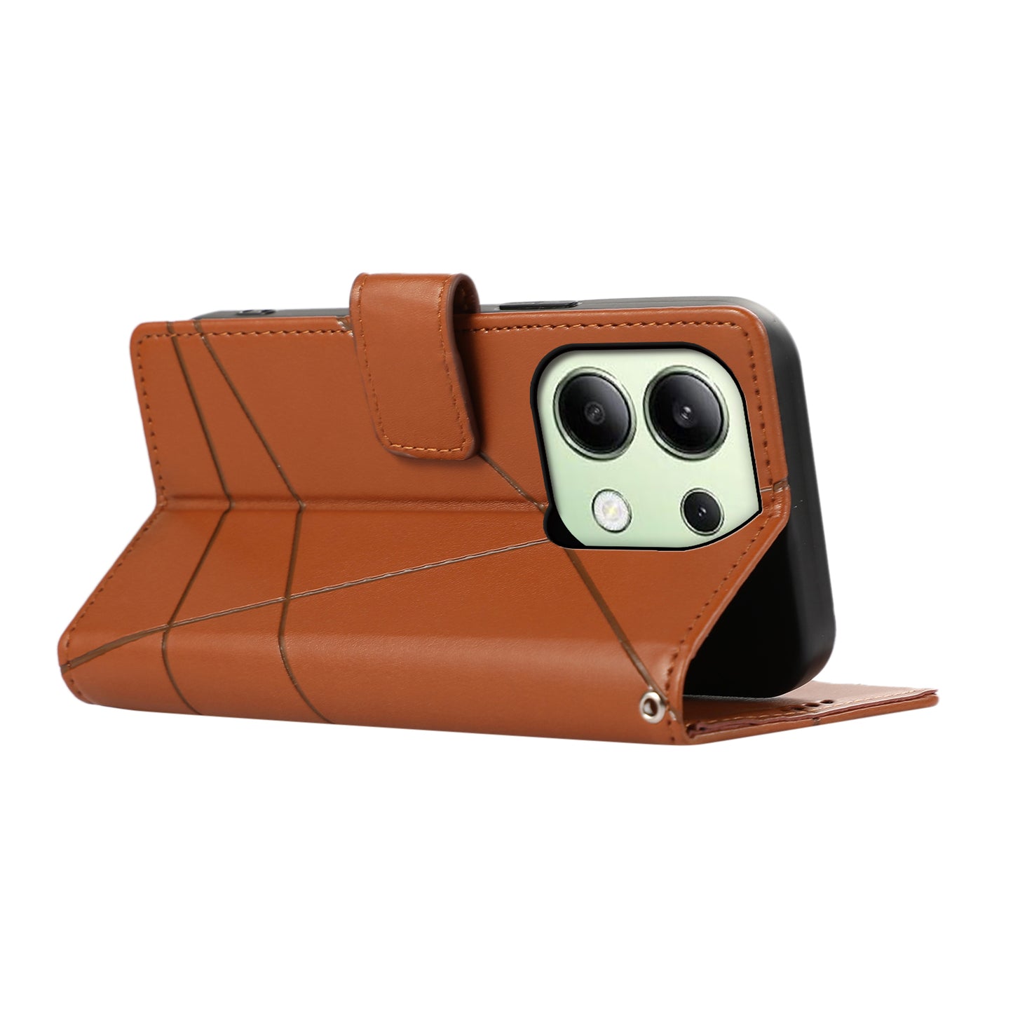 DF-06 For Xiaomi Redmi Note 13 4G Leather Case Line Imprinted Folio Cover - Brown