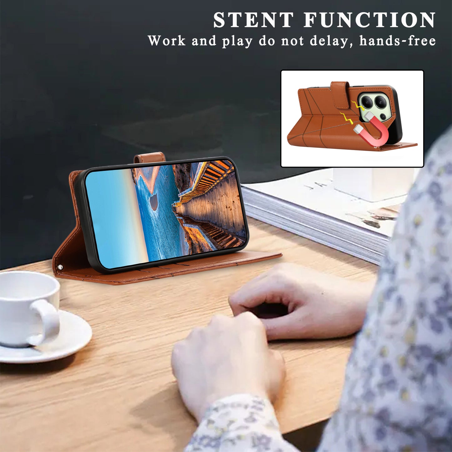 DF-06 For Xiaomi Redmi Note 13 4G Leather Case Line Imprinted Folio Cover - Brown