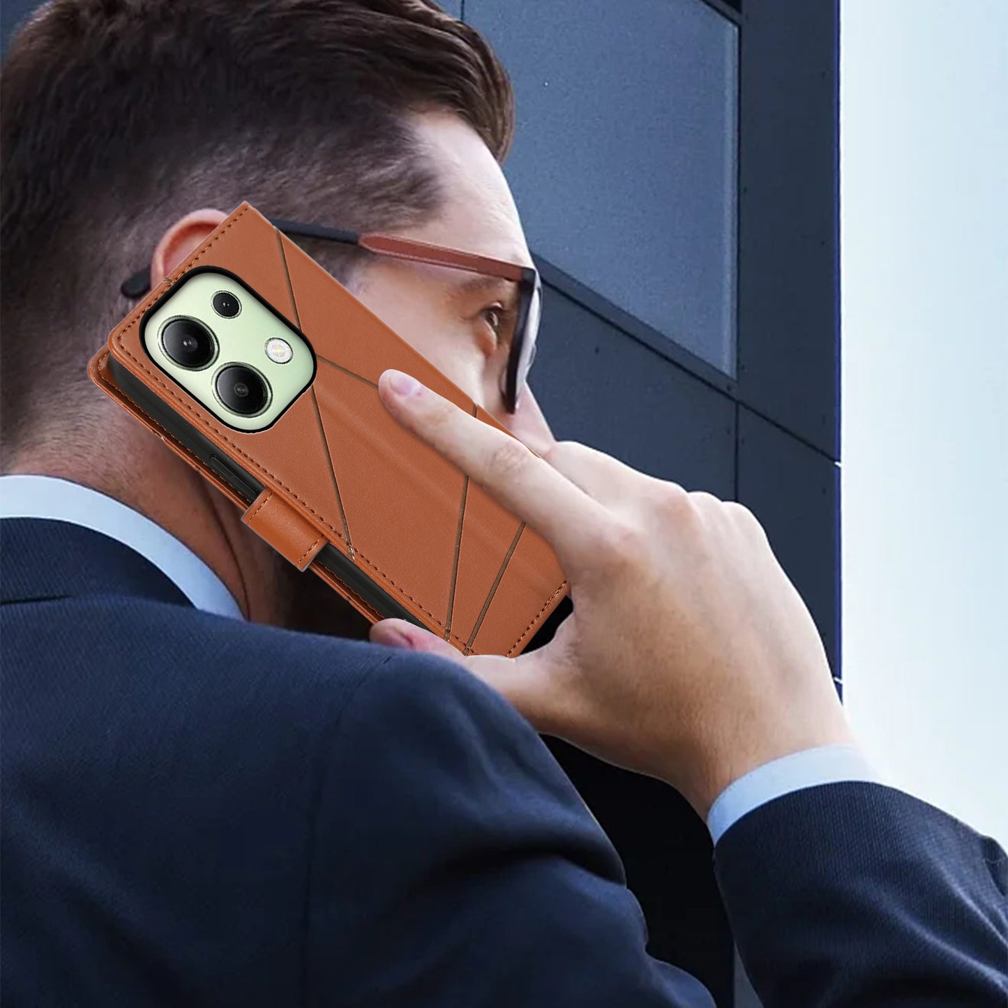 DF-06 For Xiaomi Redmi Note 13 4G Leather Case Line Imprinted Folio Cover - Brown