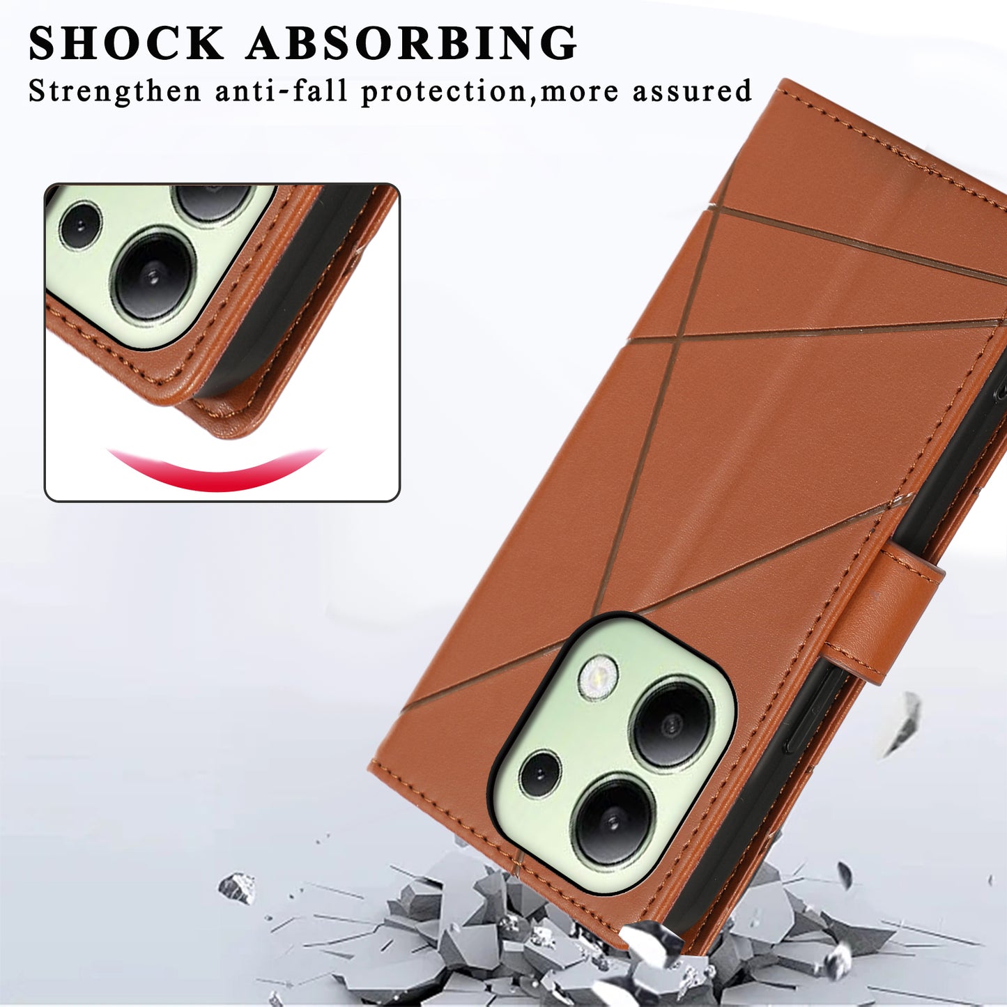 DF-06 For Xiaomi Redmi Note 13 4G Leather Case Line Imprinted Folio Cover - Brown
