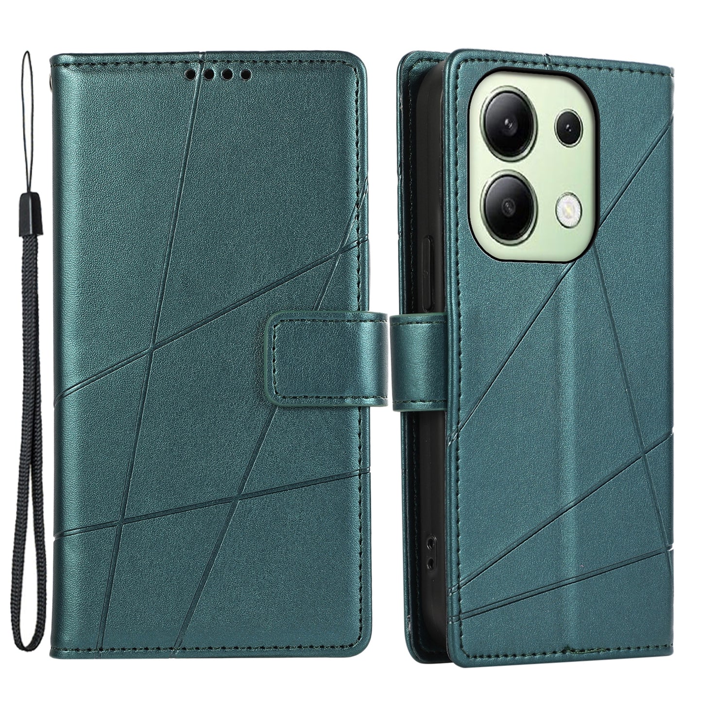 DF-06 For Xiaomi Redmi Note 13 4G Leather Case Line Imprinted Folio Cover - Green