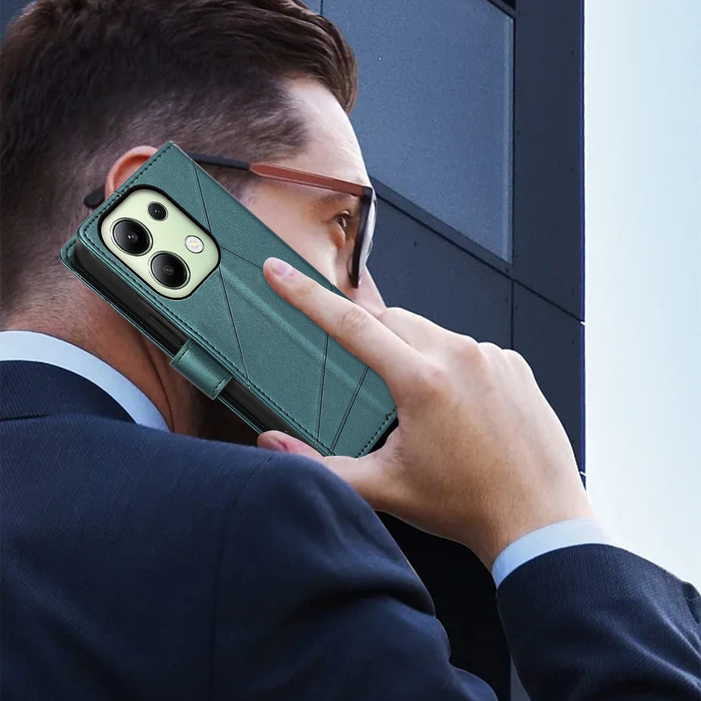 DF-06 For Xiaomi Redmi Note 13 4G Leather Case Line Imprinted Folio Cover - Green