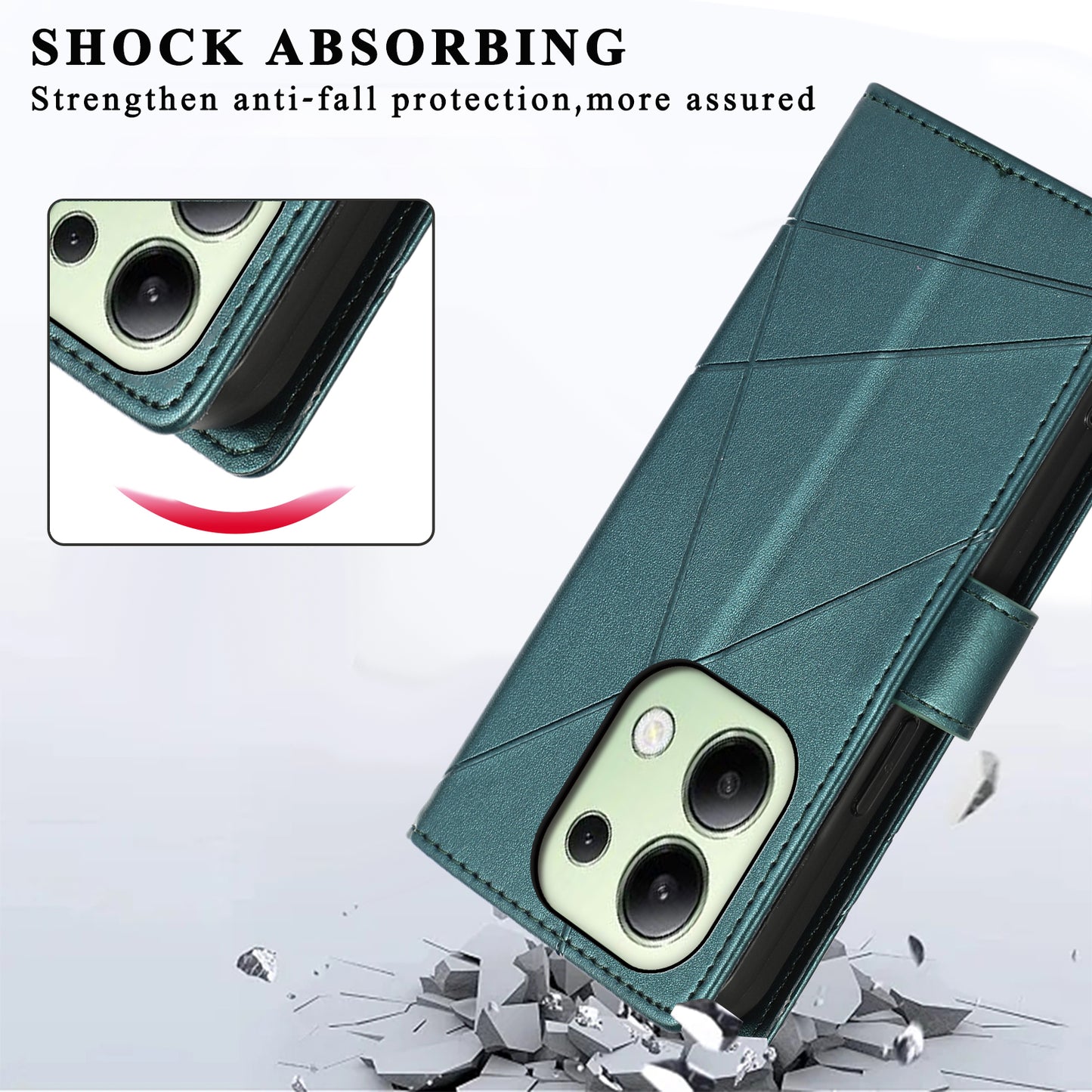 DF-06 For Xiaomi Redmi Note 13 4G Leather Case Line Imprinted Folio Cover - Green