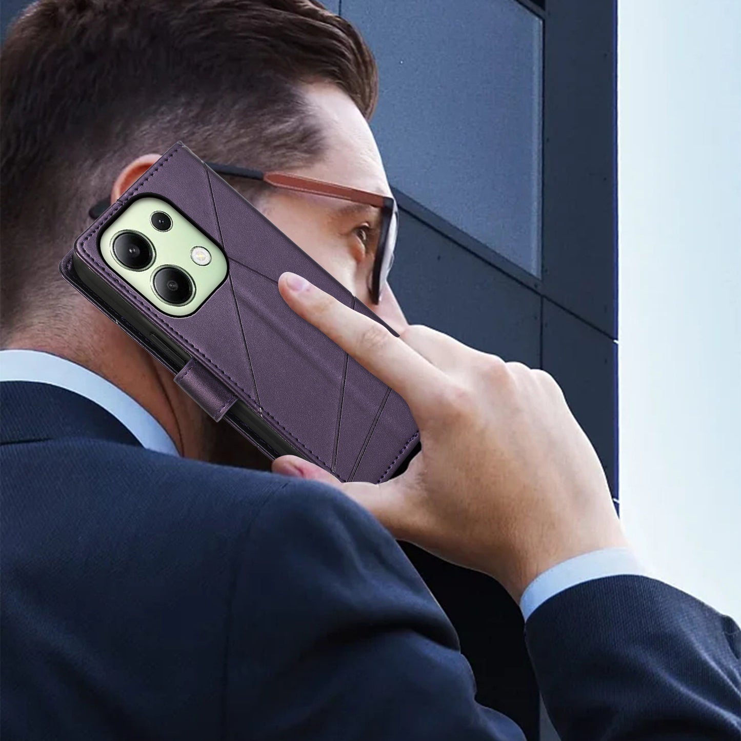 DF-06 For Xiaomi Redmi Note 13 4G Leather Case Line Imprinted Folio Cover - Purple