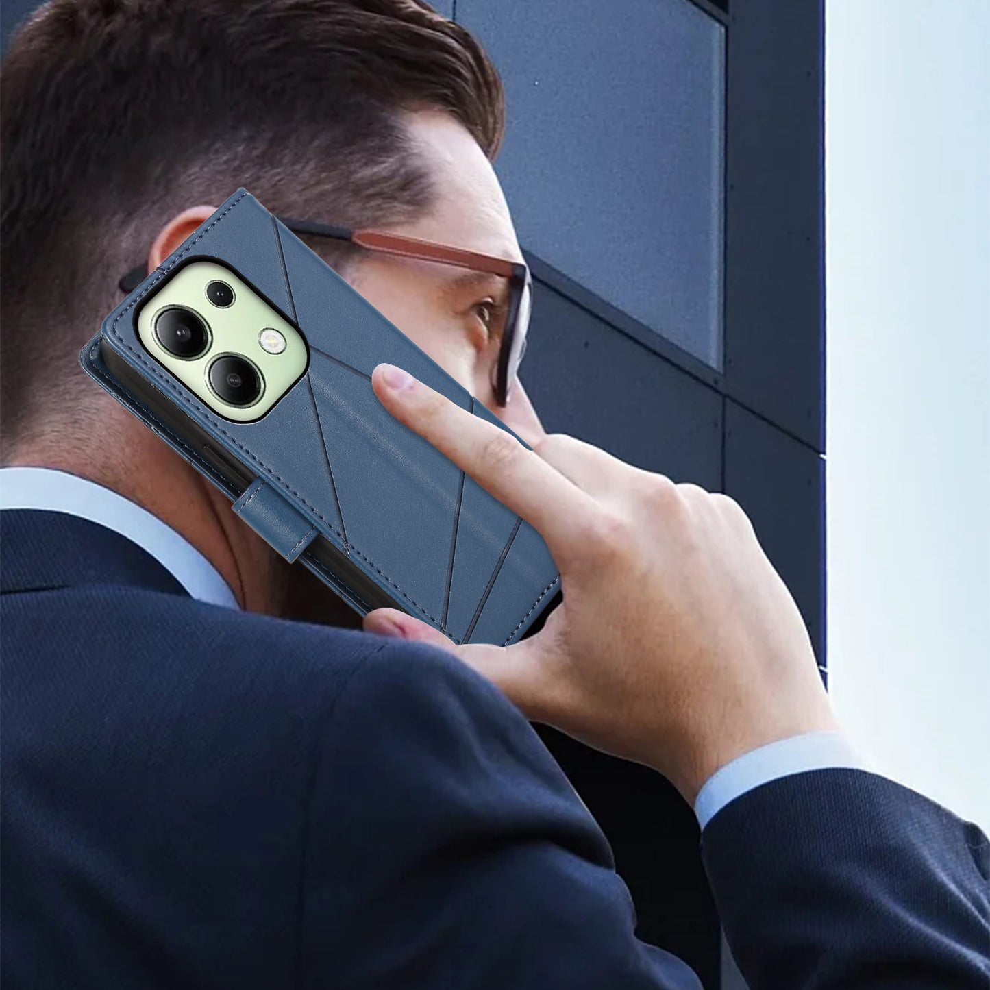 DF-06 For Xiaomi Redmi Note 13 4G Leather Case Line Imprinted Folio Cover - Blue
