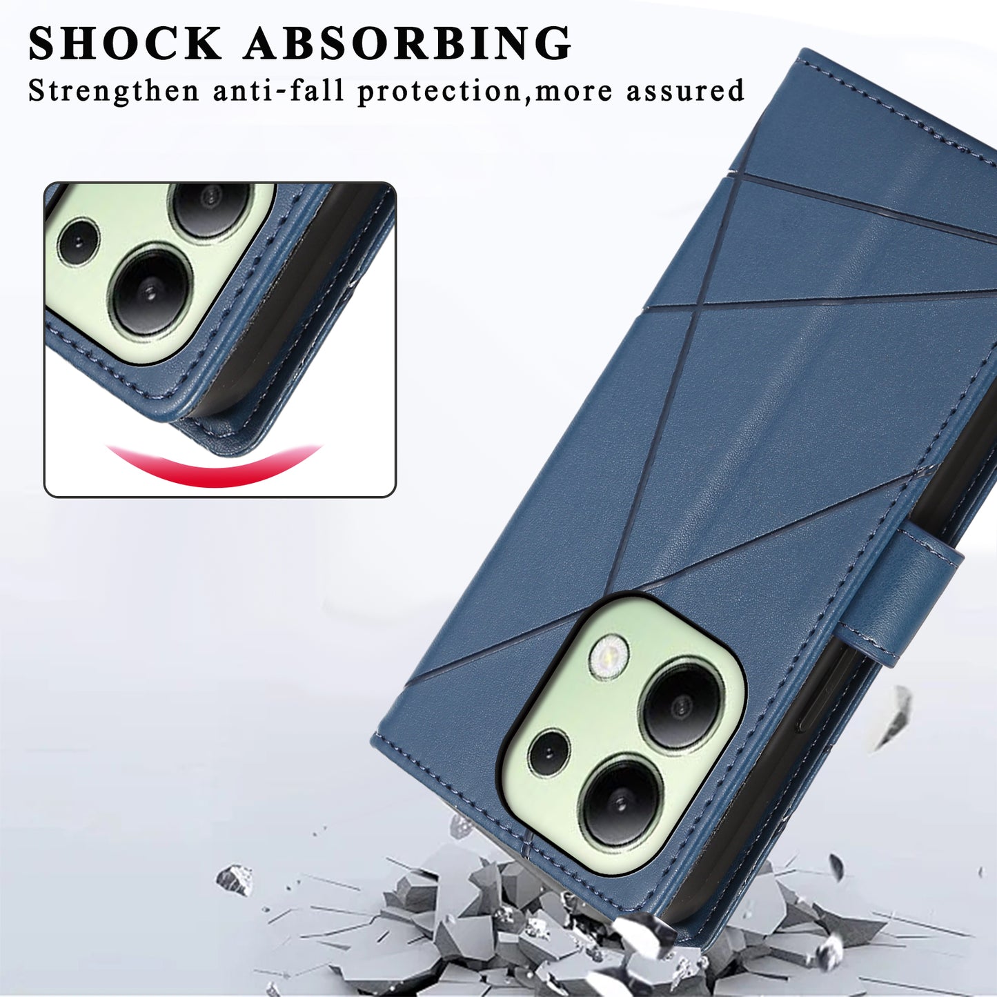 DF-06 For Xiaomi Redmi Note 13 4G Leather Case Line Imprinted Folio Cover - Blue
