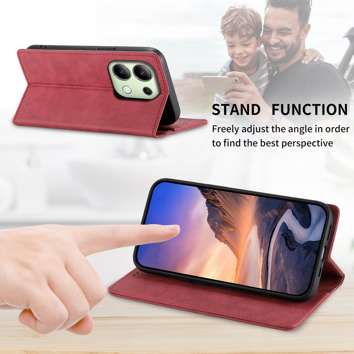 DF-05 For Xiaomi Redmi Note 13 4G Wallet Case Magnetic Auto Colsing Phone Cover - Red