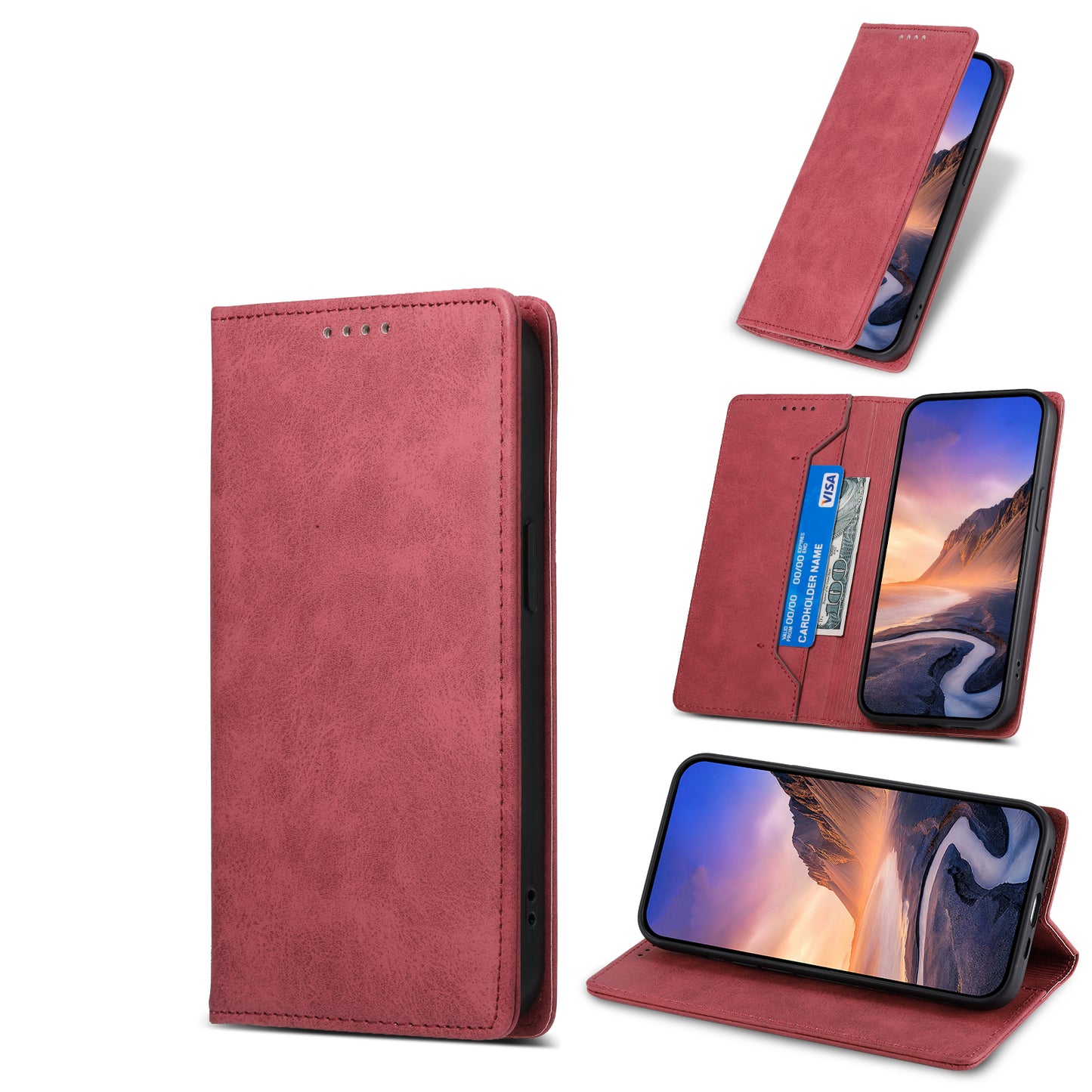 DF-05 For Xiaomi Redmi Note 13 4G Wallet Case Magnetic Auto Colsing Phone Cover - Red