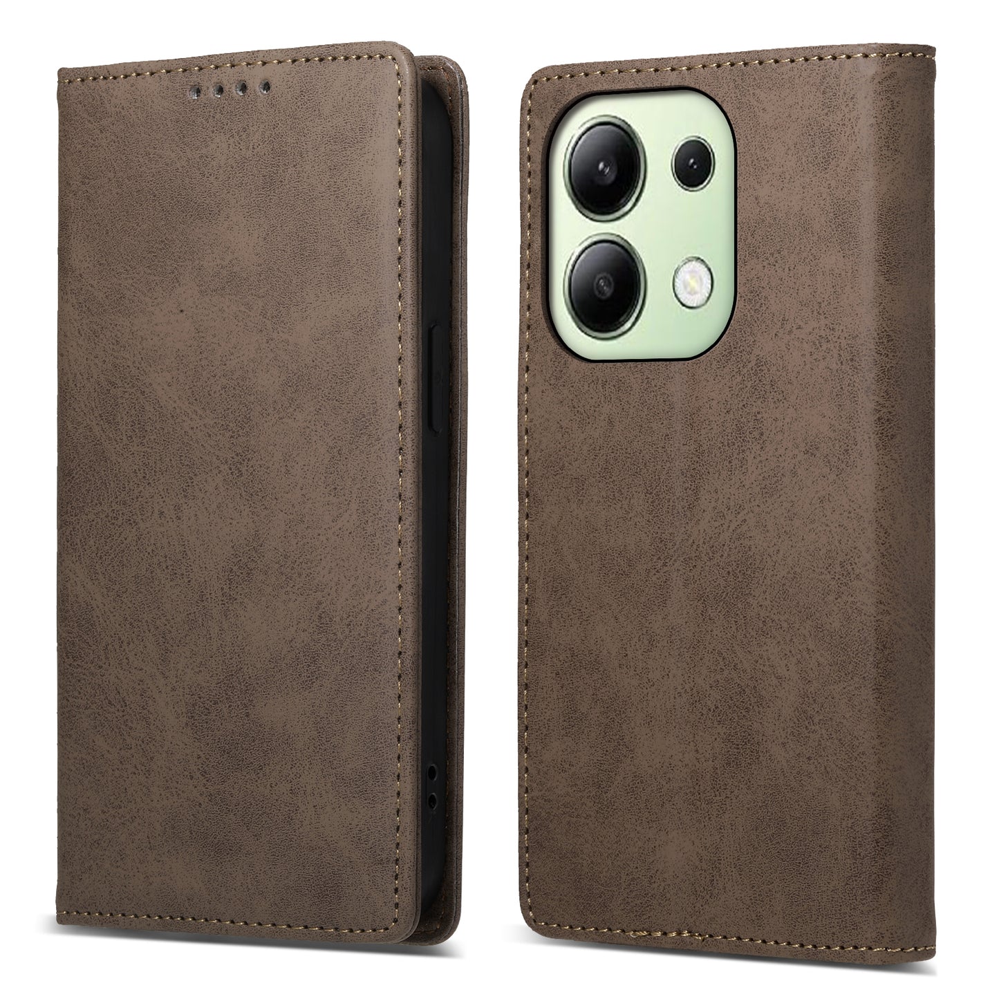 DF-05 For Xiaomi Redmi Note 13 4G Wallet Case Magnetic Auto Colsing Phone Cover - Brown