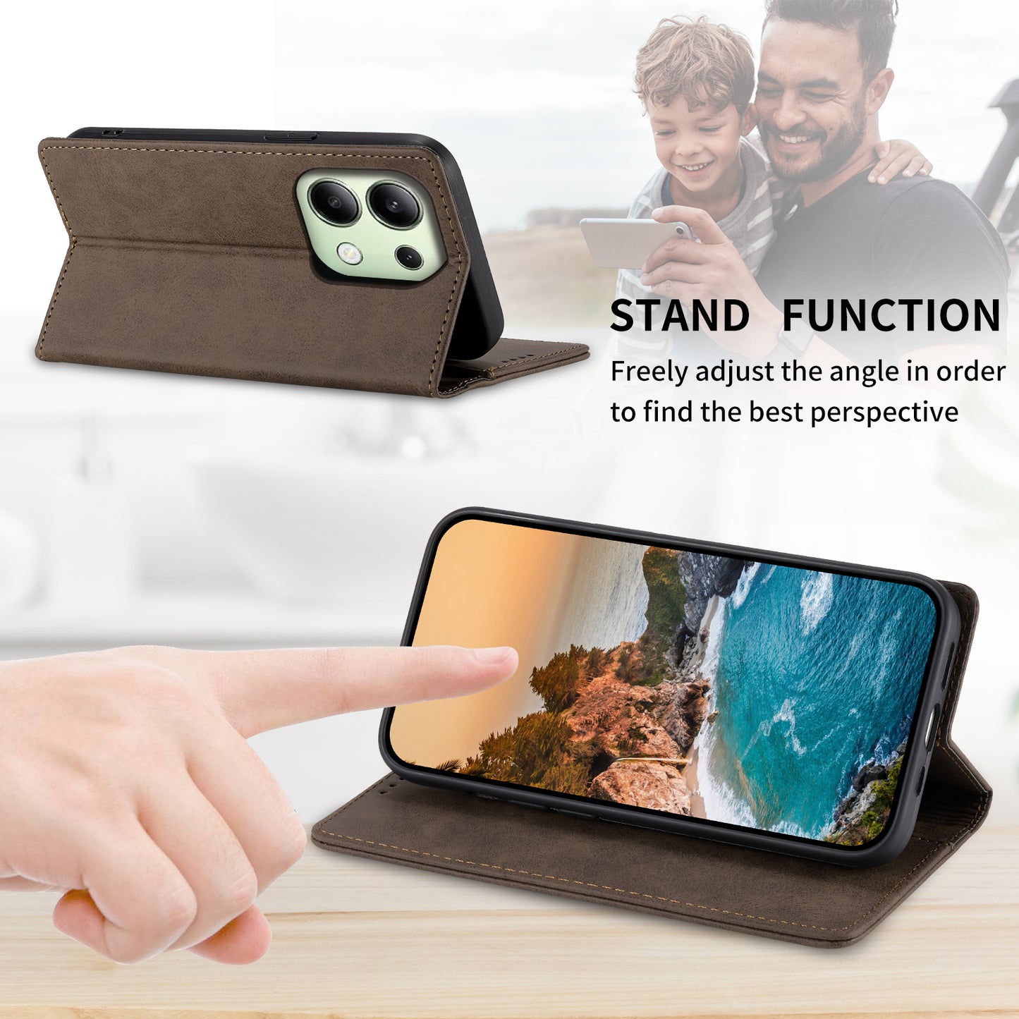 DF-05 For Xiaomi Redmi Note 13 4G Wallet Case Magnetic Auto Colsing Phone Cover - Brown