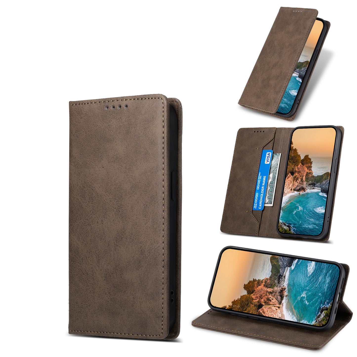 DF-05 For Xiaomi Redmi Note 13 4G Wallet Case Magnetic Auto Colsing Phone Cover - Brown