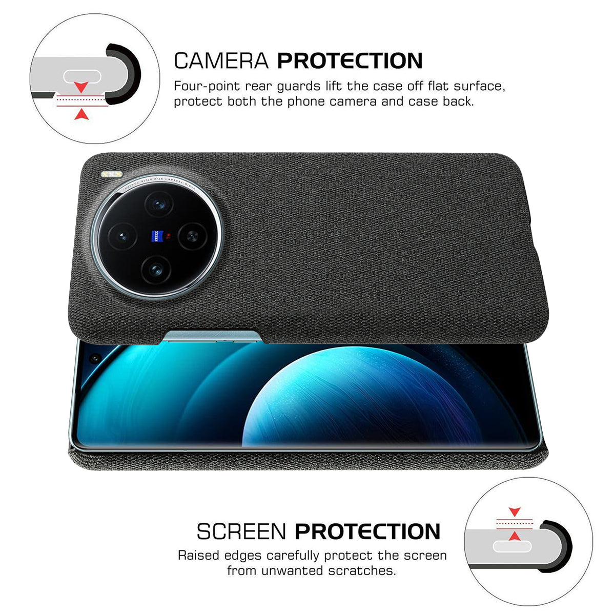 For vivo X100 5G Phone Case Cloth Texture Anti-slip Cover Solid Color - Black