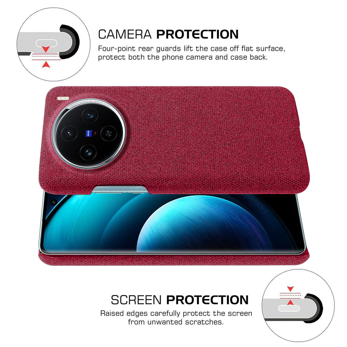 For vivo X100 5G Phone Case Cloth Texture Anti-slip Cover Solid Color - Red