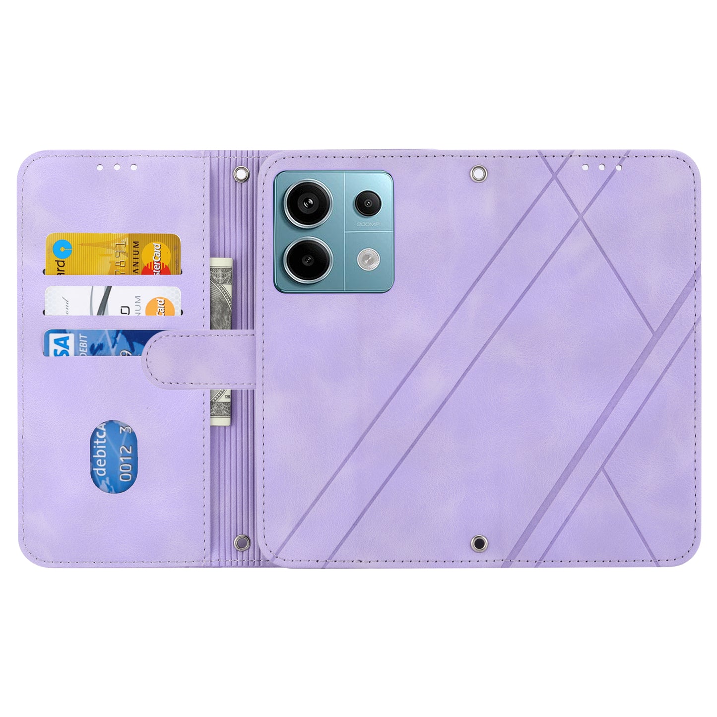 For Xiaomi Redmi Note 13 5G Case with Wrist Strap Imprinted Line Phone Wallet Cover - Purple