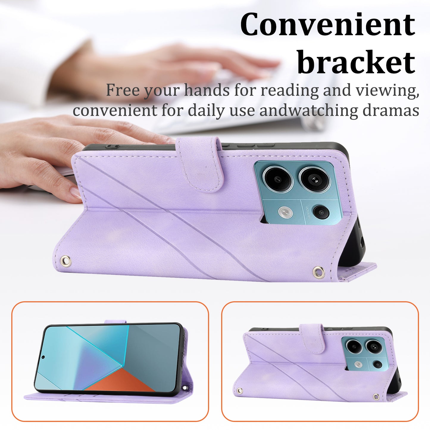 For Xiaomi Redmi Note 13 5G Case with Wrist Strap Imprinted Line Phone Wallet Cover - Purple