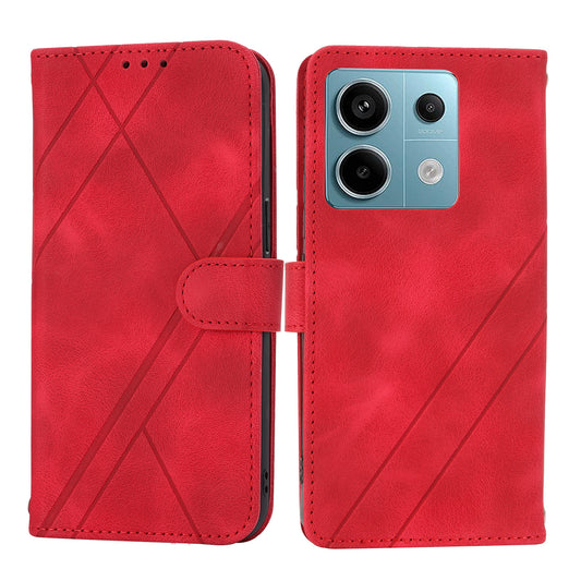 For Xiaomi Redmi Note 13 5G Case with Wrist Strap Imprinted Line Phone Wallet Cover - Red