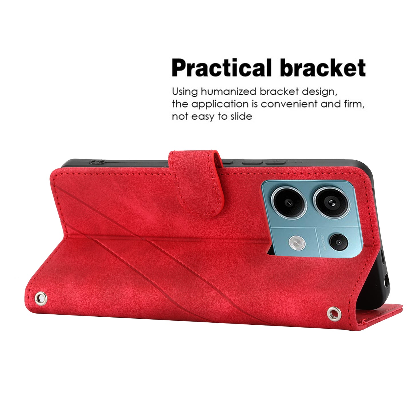 For Xiaomi Redmi Note 13 5G Case with Wrist Strap Imprinted Line Phone Wallet Cover - Red