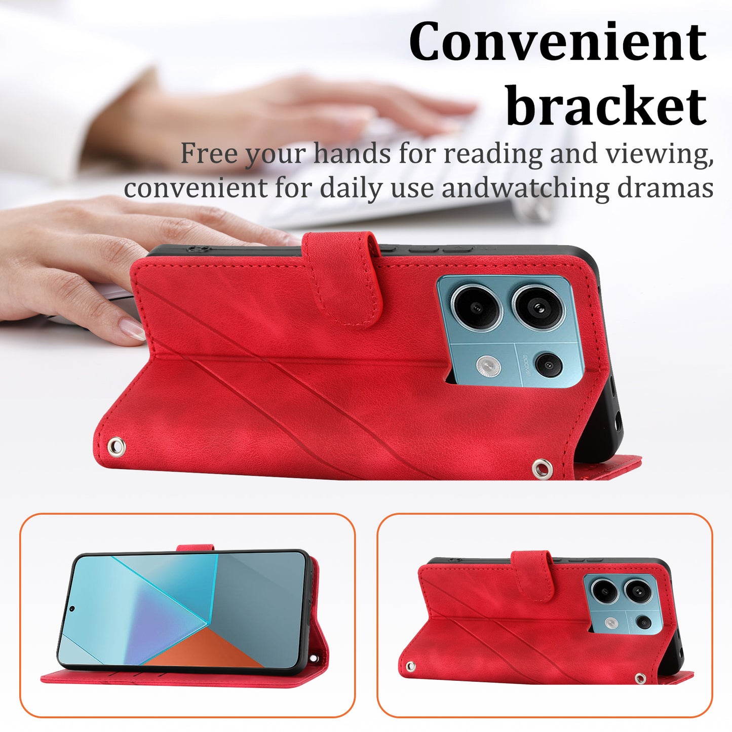 For Xiaomi Redmi Note 13 5G Case with Wrist Strap Imprinted Line Phone Wallet Cover - Red