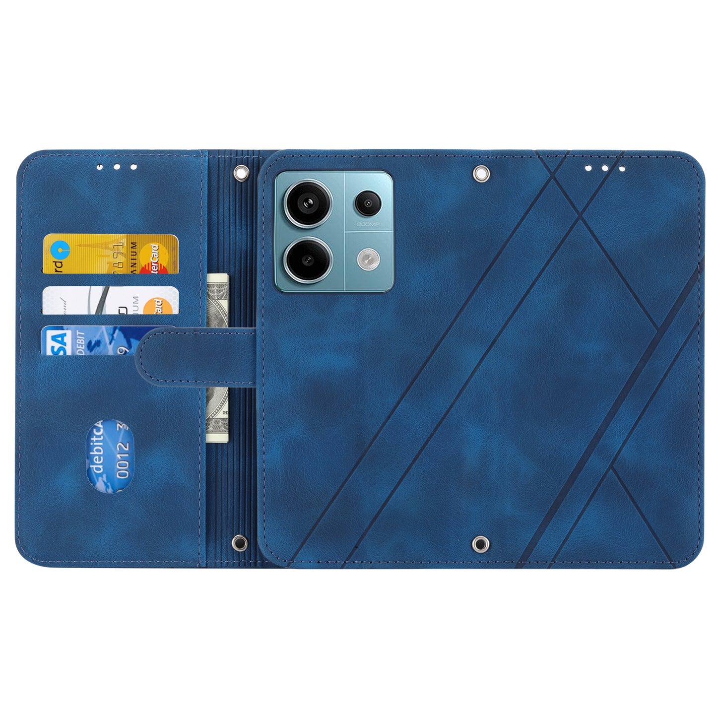 For Xiaomi Redmi Note 13 5G Case with Wrist Strap Imprinted Line Phone Wallet Cover - Blue