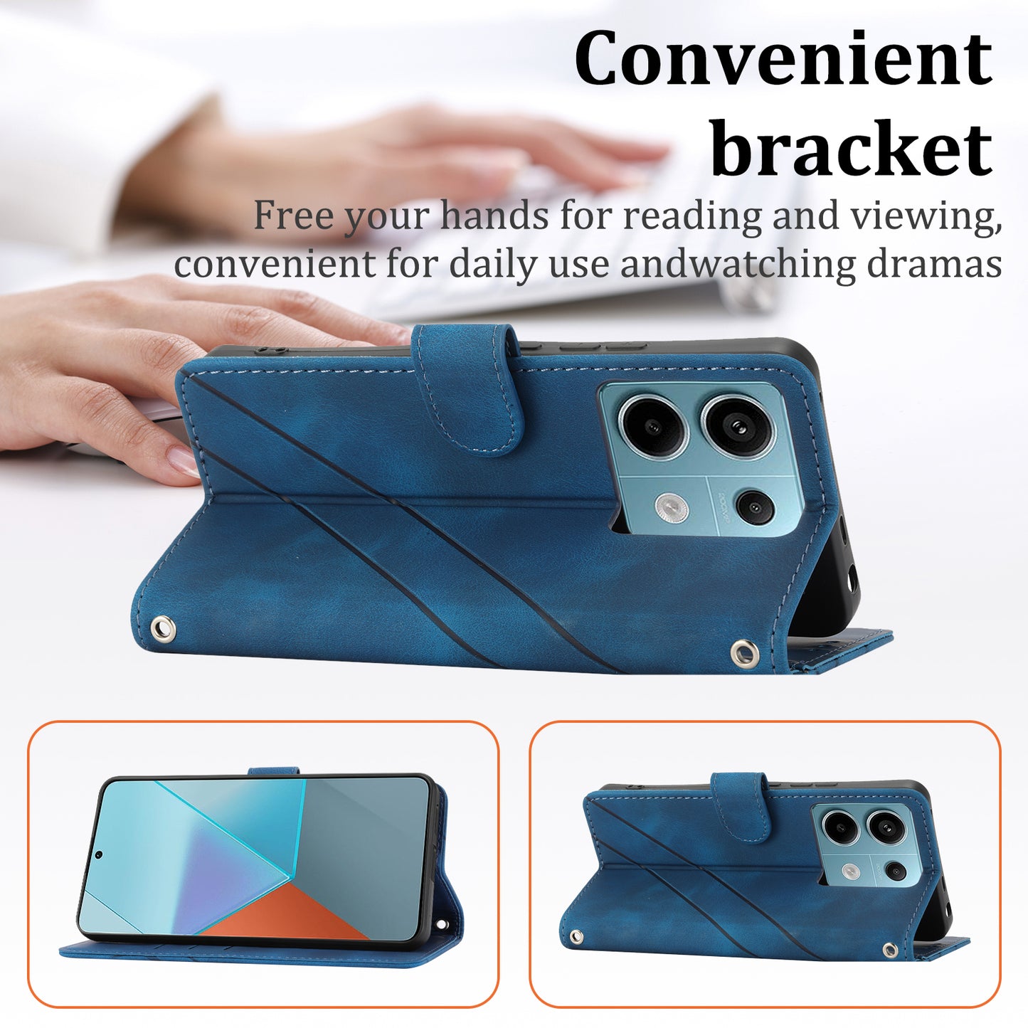 For Xiaomi Redmi Note 13 5G Case with Wrist Strap Imprinted Line Phone Wallet Cover - Blue