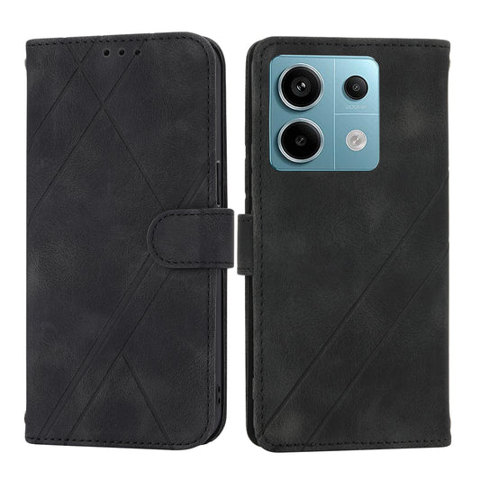 For Xiaomi Redmi Note 13 5G Case with Wrist Strap Imprinted Line Phone Wallet Cover - Black