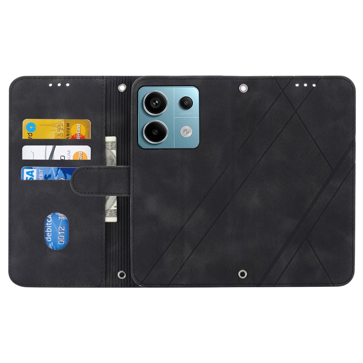 For Xiaomi Redmi Note 13 5G Case with Wrist Strap Imprinted Line Phone Wallet Cover - Black