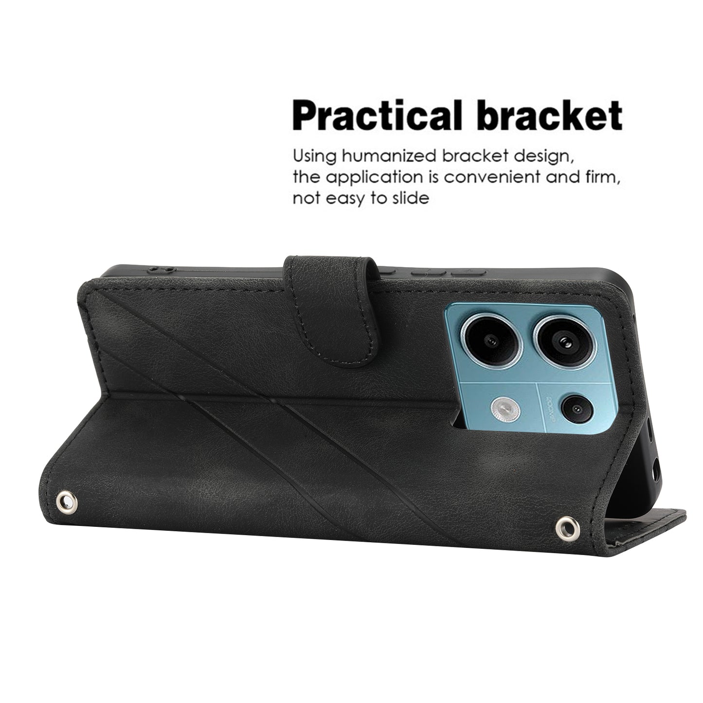 For Xiaomi Redmi Note 13 5G Case with Wrist Strap Imprinted Line Phone Wallet Cover - Black