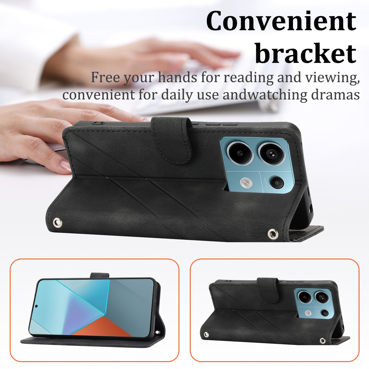 For Xiaomi Redmi Note 13 5G Case with Wrist Strap Imprinted Line Phone Wallet Cover - Black