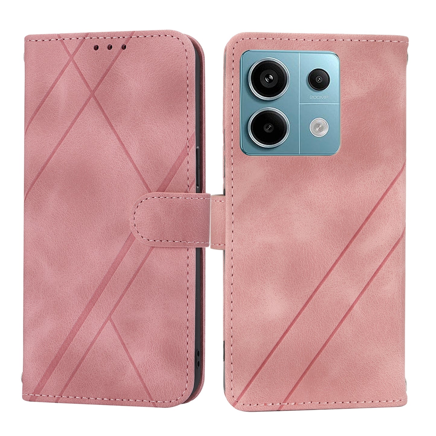 For Xiaomi Redmi Note 13 5G Case with Wrist Strap Imprinted Line Phone Wallet Cover - Pink