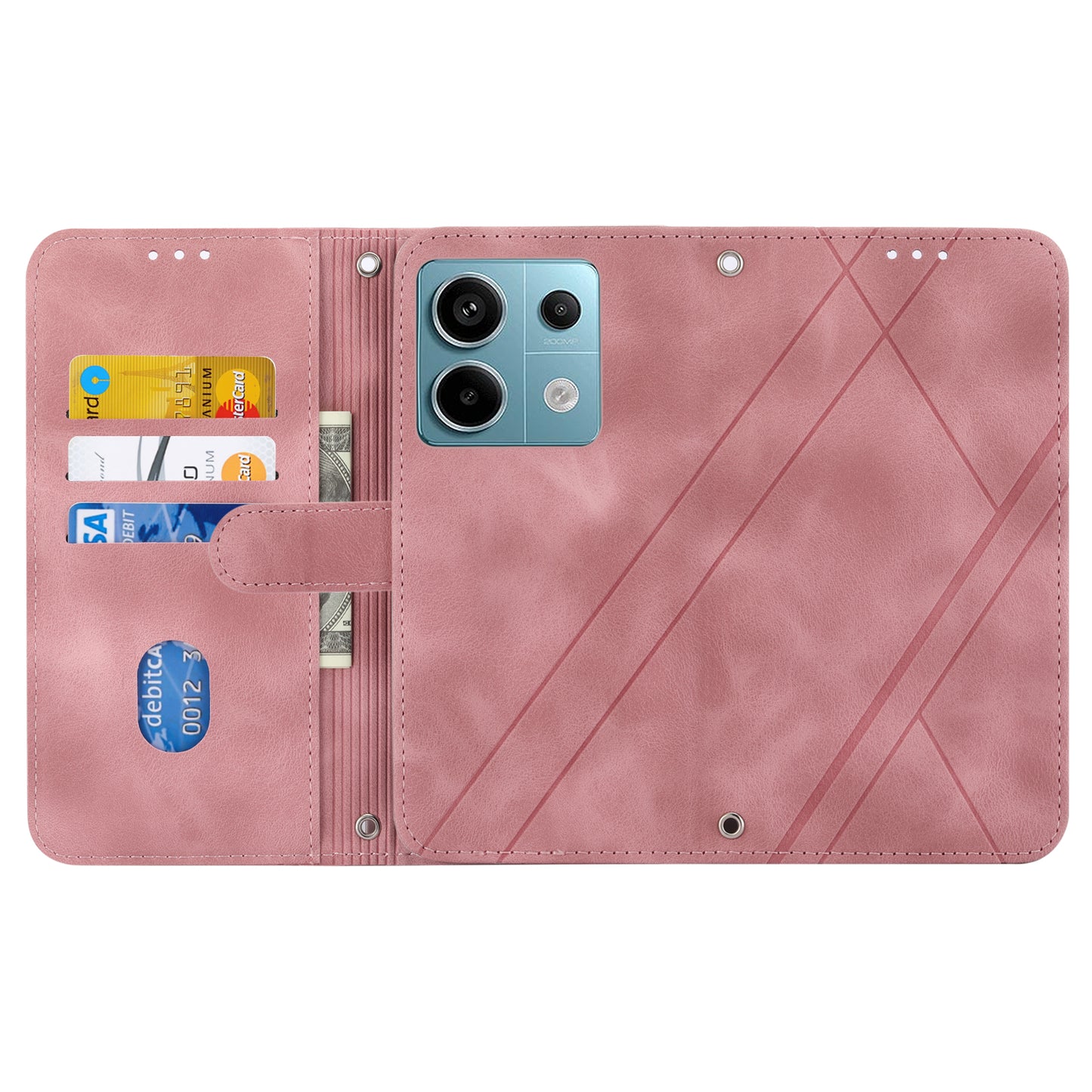 For Xiaomi Redmi Note 13 5G Case with Wrist Strap Imprinted Line Phone Wallet Cover - Pink