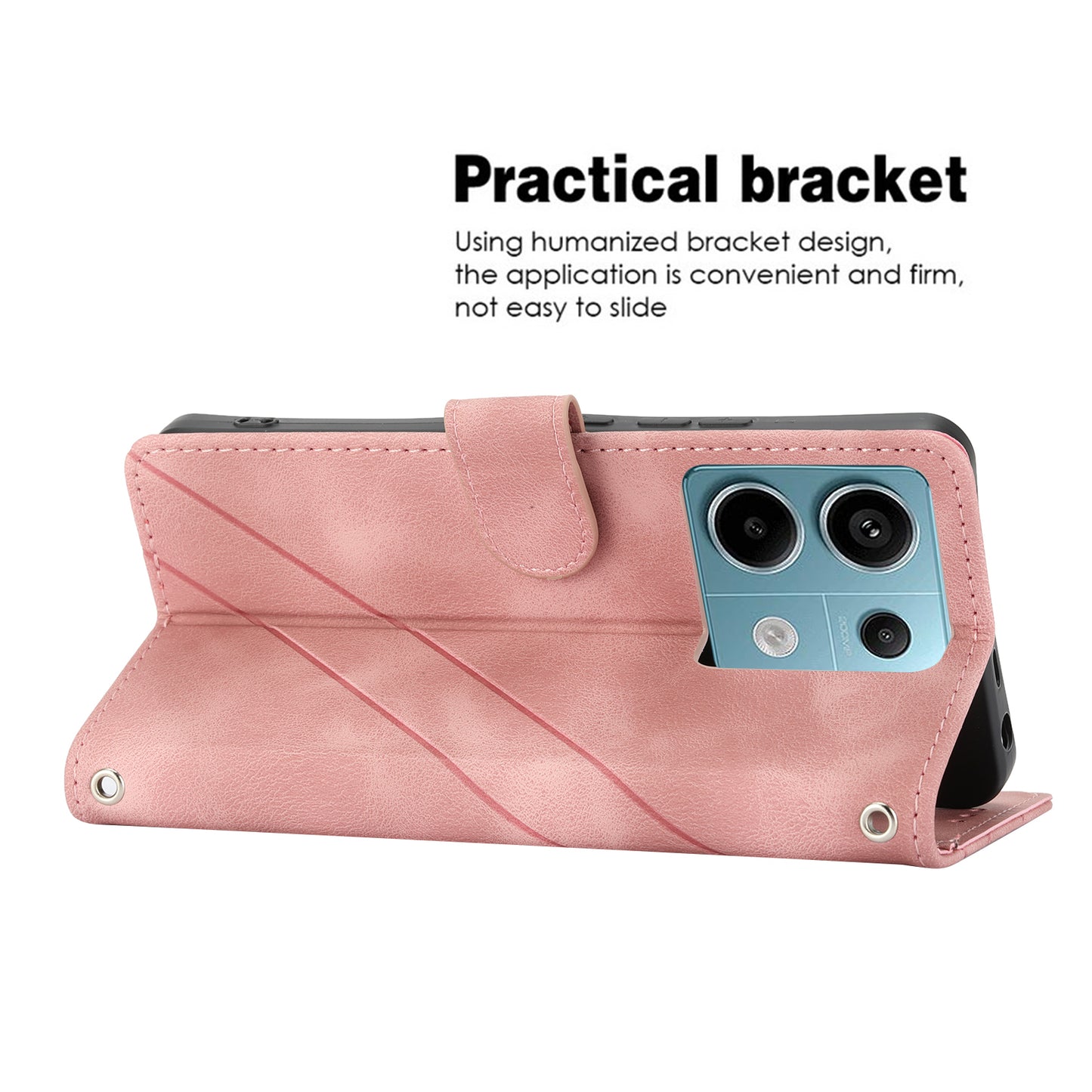 For Xiaomi Redmi Note 13 5G Case with Wrist Strap Imprinted Line Phone Wallet Cover - Pink
