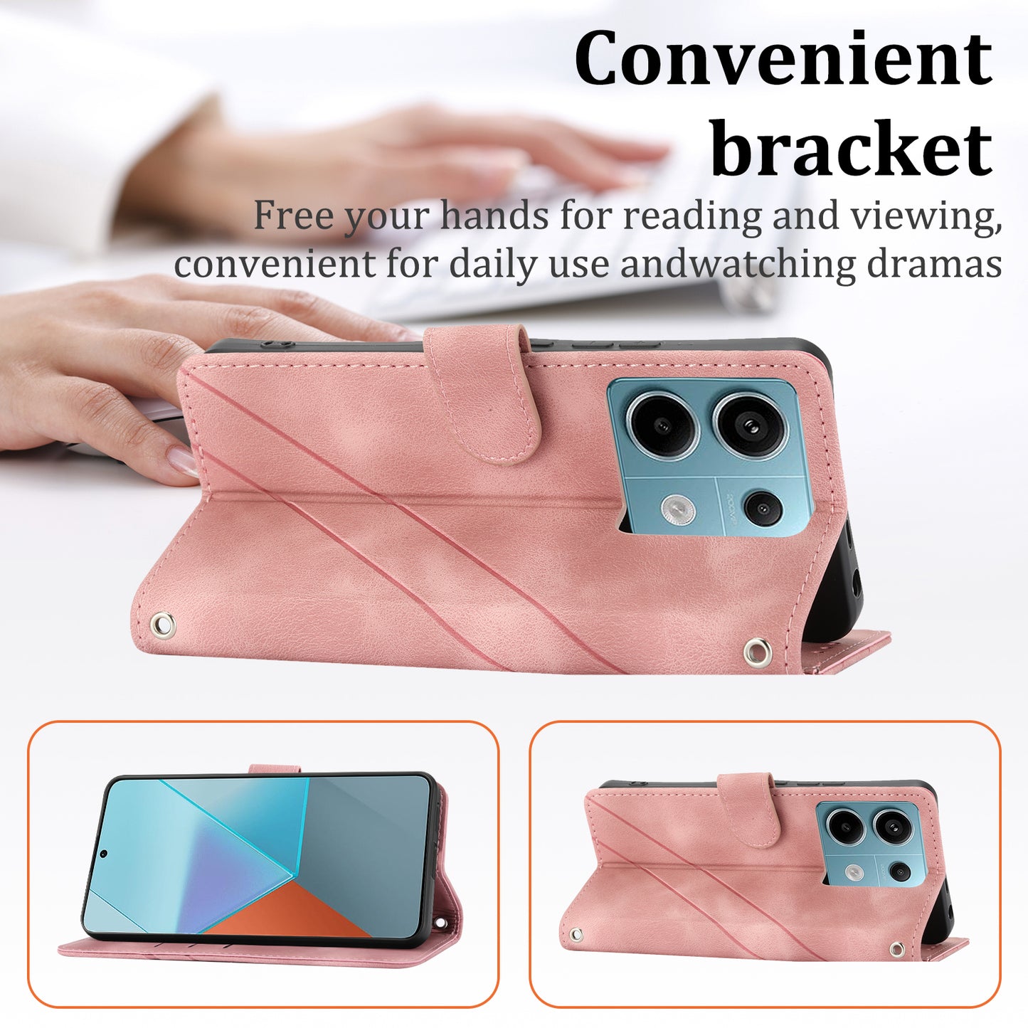 For Xiaomi Redmi Note 13 5G Case with Wrist Strap Imprinted Line Phone Wallet Cover - Pink