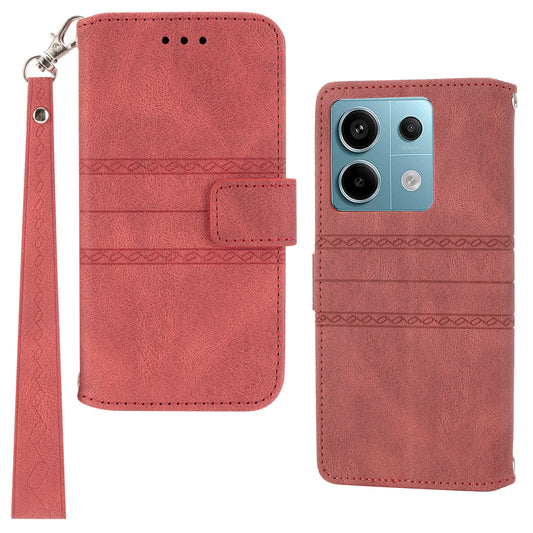 For Xiaomi Redmi Note 13 Pro 5G / Poco X6 5G Cover Soft PU Leather Imprinted Pattern Phone Case with Hand Strap - Red