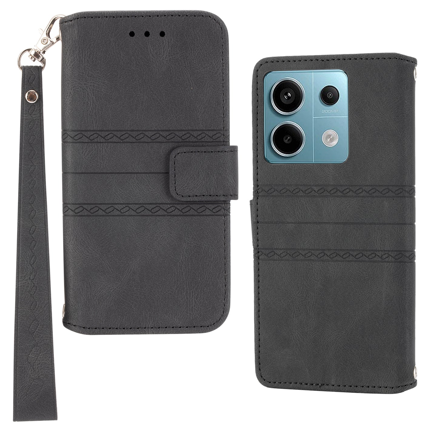 For Xiaomi Redmi Note 13 Pro 5G / Poco X6 5G Cover Soft PU Leather Imprinted Pattern Phone Case with Hand Strap - Black
