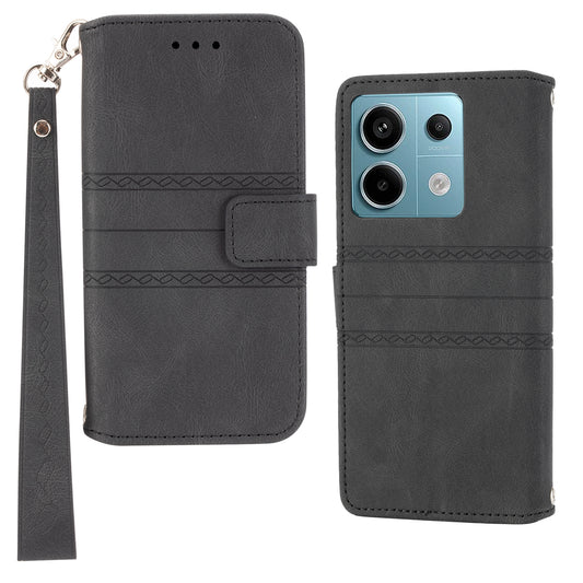 For Xiaomi Redmi Note 13 Pro 5G / Poco X6 5G Cover Soft PU Leather Imprinted Pattern Phone Case with Hand Strap - Black