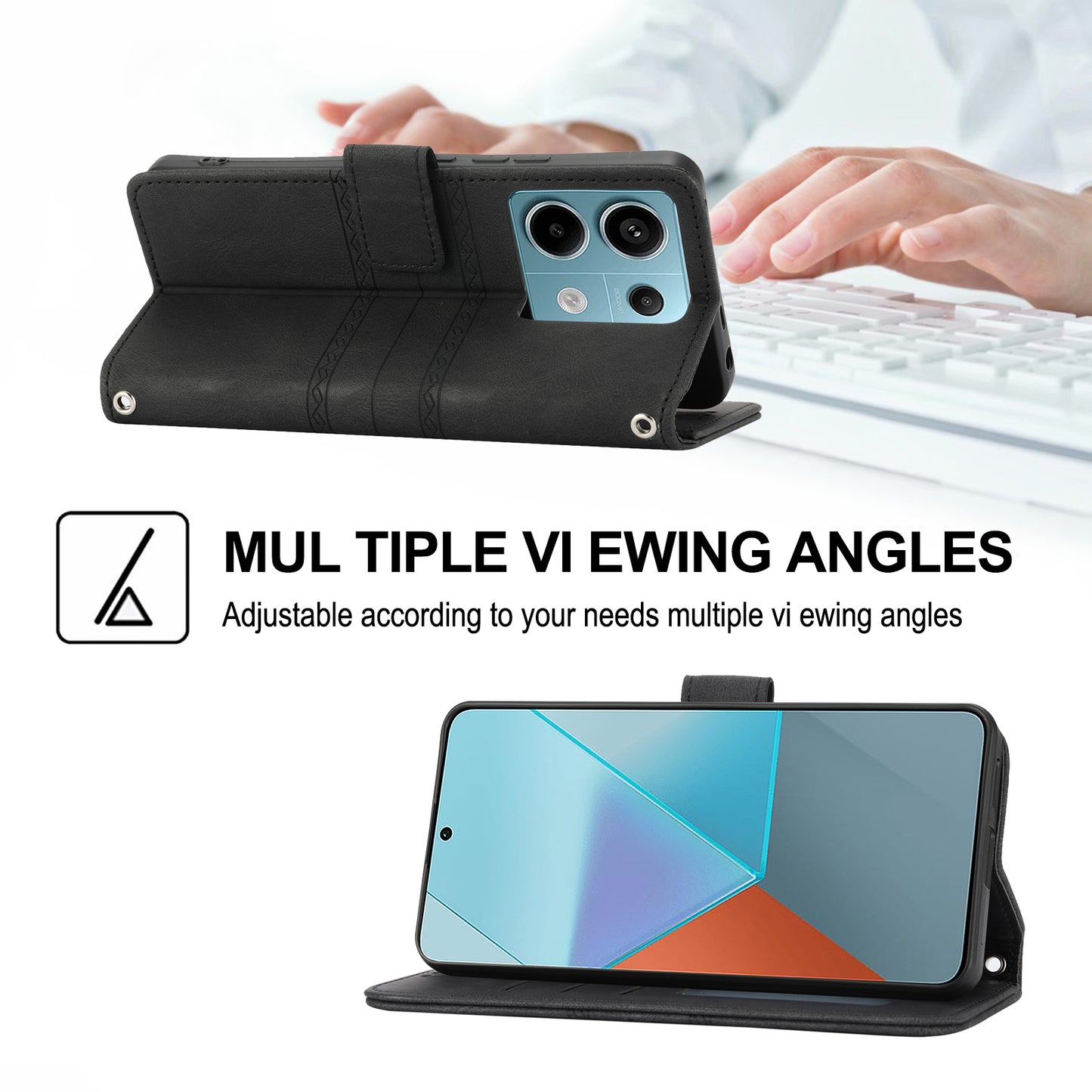 For Xiaomi Redmi Note 13 Pro 5G / Poco X6 5G Cover Soft PU Leather Imprinted Pattern Phone Case with Hand Strap - Black