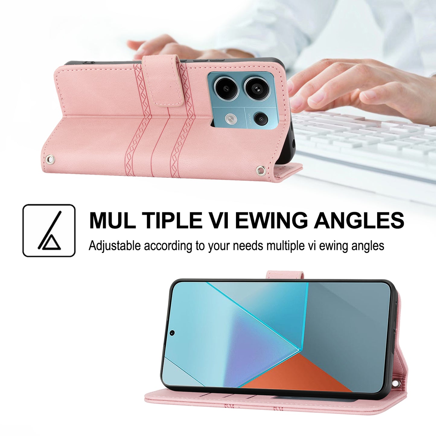 For Xiaomi Redmi Note 13 Pro 5G / Poco X6 5G Cover Soft PU Leather Imprinted Pattern Phone Case with Hand Strap - Pink