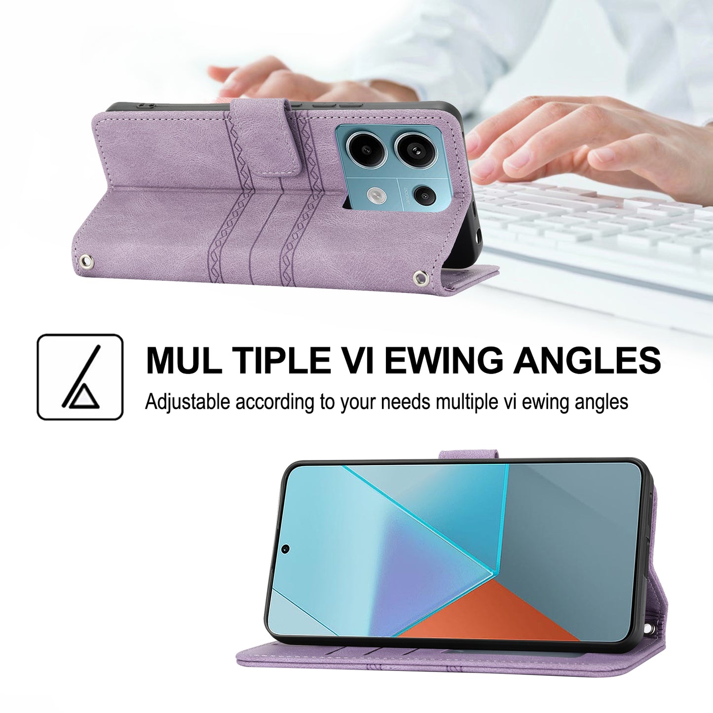 For Xiaomi Redmi Note 13 Pro 5G / Poco X6 5G Cover Soft PU Leather Imprinted Pattern Phone Case with Hand Strap - Light Purple