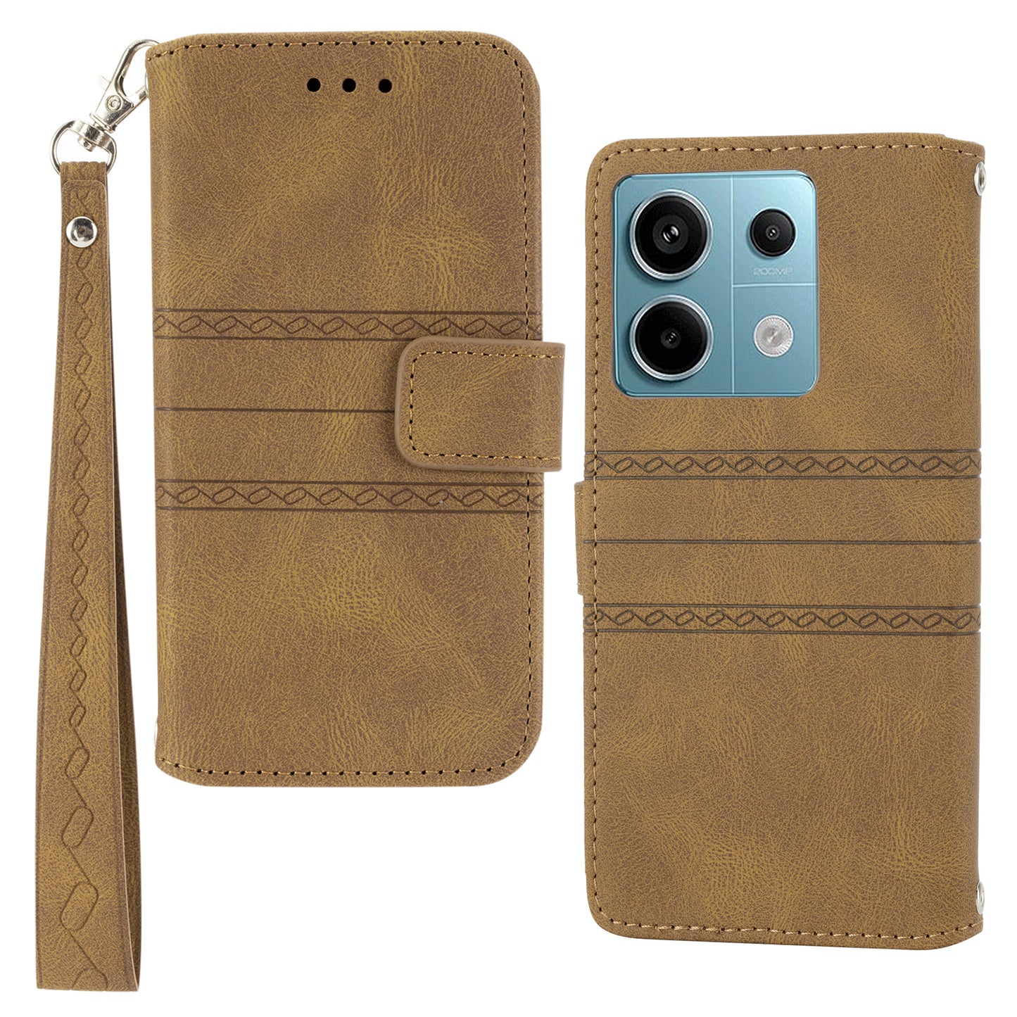 For Xiaomi Redmi Note 13 Pro 5G / Poco X6 5G Cover Soft PU Leather Imprinted Pattern Phone Case with Hand Strap - Brown