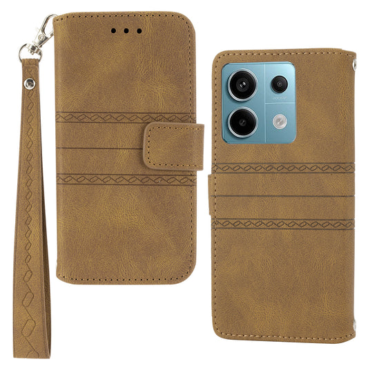For Xiaomi Redmi Note 13 Pro 5G / Poco X6 5G Cover Soft PU Leather Imprinted Pattern Phone Case with Hand Strap - Brown